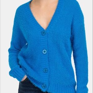 Too Foxy Blue Fuzzy Knit Button Front Cardigan Size M